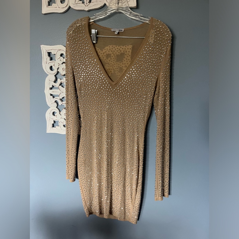 fashion nova rhinestone sheer nude long sleeve dress